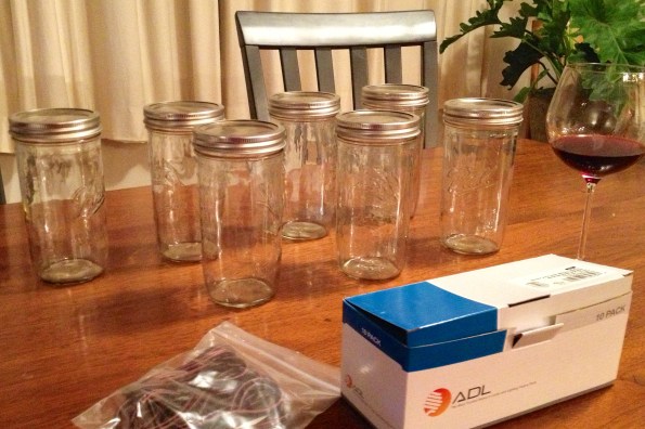 Chandelier materials. Yes, wine is a necessary chandelier-building material...