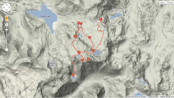 This is the best map I found of this hike. We didn't do the full loop here… we started at #7 (Carson Pass), headed to Winnemucca Lake (#5), then on to the summit (#4). We did some cross country to get from #5 to #4, but mostly stayed on the trail. Source: http://www.everytrail.com/guide/round-top-amp-winnemucca-lake-carson-pass